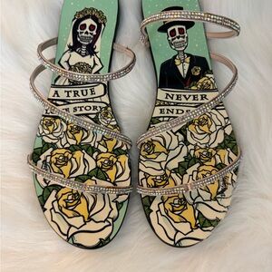 Women's Strappy Sandals with Skull and Rose Art